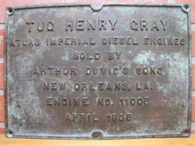 Load image into Gallery viewer, TUG HENRY GRAY ATLAS IMPERIAL DIESEL ENGINES SOLD BY ARTHUR DUVIC'S SONS NEW ORLEANS LA ENGINE NO 11005 1935 Old Bronze Builders Dealers Boat Plaque Sign Plate