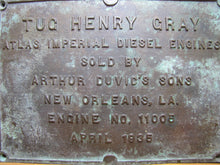 Load image into Gallery viewer, TUG HENRY GRAY ATLAS IMPERIAL DIESEL ENGINES SOLD BY ARTHUR DUVIC'S SONS NEW ORLEANS LA ENGINE NO 11005 1935 Old Bronze Builders Dealers Boat Plaque Sign Plate