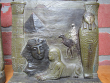 Load image into Gallery viewer, EGYPTIAN REVIVAL MUMMY TOMB SPHYNX MAN CAMELBACK PYRAMID Antique JUDD Bookends