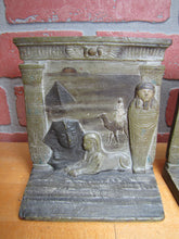 Load image into Gallery viewer, EGYPTIAN REVIVAL MUMMY TOMB SPHYNX MAN CAMELBACK PYRAMID Antique JUDD Bookends