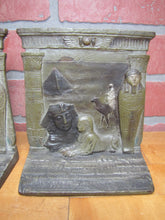 Load image into Gallery viewer, EGYPTIAN REVIVAL MUMMY TOMB SPHYNX MAN CAMELBACK PYRAMID Antique JUDD Bookends