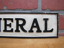 Load image into Gallery viewer, FUNERAL Original Old Sign Hearse Plate Topper Top Bend Over Hanger Embossed Ad