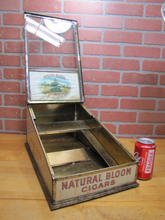 Load image into Gallery viewer, NATURAL BLOOM CIGARS Antique Cigar Store Display Case Tin Litho Sign PROPERTY OF HARRY BLUM NYC FELDHUHN DISPLAY CASE Co NYC