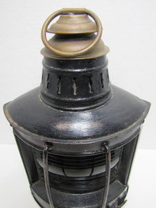 R W PROCTER 32 OLD SLIP NY Pat 1876 Ship Boat Lantern Lamp Blue Ribbed Glass