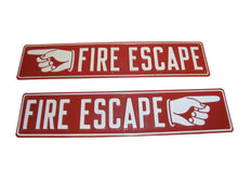 Load image into Gallery viewer, FIRE ESCAPE HAND POINTING FINGER 2 Old Embossed Steel Safety Advertising Signs Left &amp; Right
