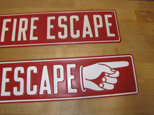 Load image into Gallery viewer, FIRE ESCAPE HAND POINTING FINGER 2 Old Embossed Steel Safety Advertising Signs Left &amp; Right
