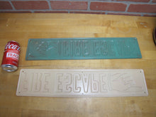 Load image into Gallery viewer, FIRE ESCAPE HAND POINTING FINGER 2 Old Embossed Steel Safety Advertising Signs Left &amp; Right
