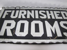 Load image into Gallery viewer, FURNISHED ROOMS Sign Antique Chip Glass Scalloped Mirrored Tin Metal Frame B&amp;B
