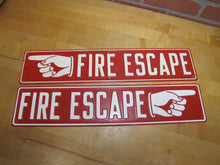 Load image into Gallery viewer, FIRE ESCAPE HAND POINTING FINGER 2 Old Embossed Steel Safety Advertising Signs Left &amp; Right
