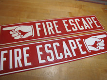 Load image into Gallery viewer, FIRE ESCAPE HAND POINTING FINGER 2 Old Embossed Steel Safety Advertising Signs Left &amp; Right
