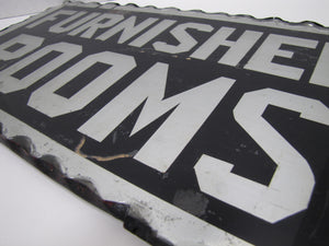 FURNISHED ROOMS Sign Antique Chip Glass Scalloped Mirrored Tin Metal Frame B&B
