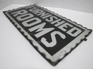 FURNISHED ROOMS Sign Antique Chip Glass Scalloped Mirrored Tin Metal Frame B&B