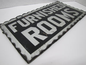 FURNISHED ROOMS Sign Antique Chip Glass Scalloped Mirrored Tin Metal Frame B&B
