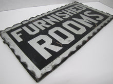 Load image into Gallery viewer, FURNISHED ROOMS Sign Antique Chip Glass Scalloped Mirrored Tin Metal Frame B&amp;B
