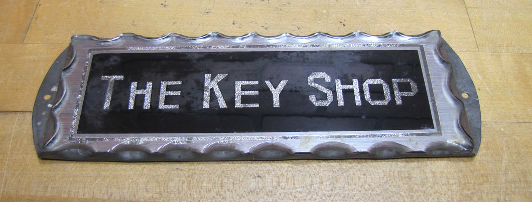 THE KEY SHOP Antique Reverse on Chip Scalloped Glass Advertising Sign ROG