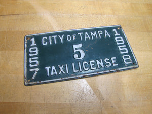 1950s CITY OF TAMPA TAXI LICENSE 1957 1958 Embossed Metal Auto Truck Sign Plate