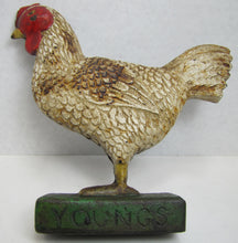 Load image into Gallery viewer, YOUNG&#39;S FEEDS TOLEDO OHIO Old Advertising Chicken Doorstop Sign Store Display
