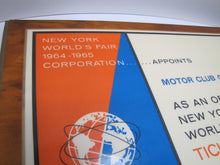 Load image into Gallery viewer, 1964 1965 NEW YORK WORLDS FAIR MOTOR CLUB OF AMERICA TICKET &amp; INFO CENTER Sign
