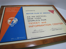 Load image into Gallery viewer, 1964 1965 NEW YORK WORLDS FAIR MOTOR CLUB OF AMERICA TICKET &amp; INFO CENTER Sign
