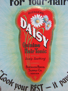 DAISY HAIR TONIC Orig Old Barber Shop Ad Sign BUERGER BROS SUPPLY Co DENVER