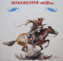 Load image into Gallery viewer, WINCHESTER WESTERN Sign Cowboy Horseback Rifle Old TOC Store Display Advertising
