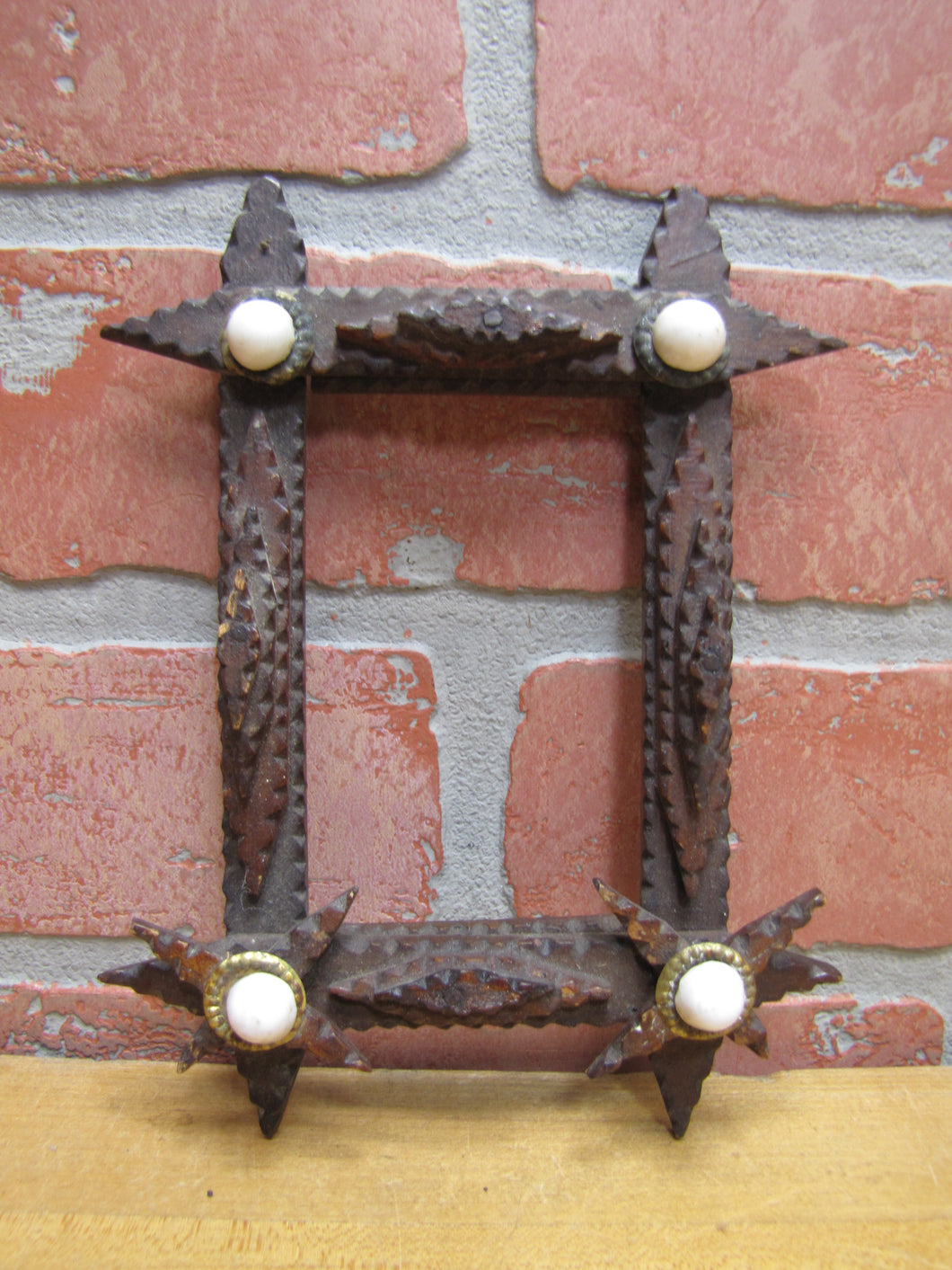 Tramp Art Wooden Frame old small hand carved folk art tiered stars brass