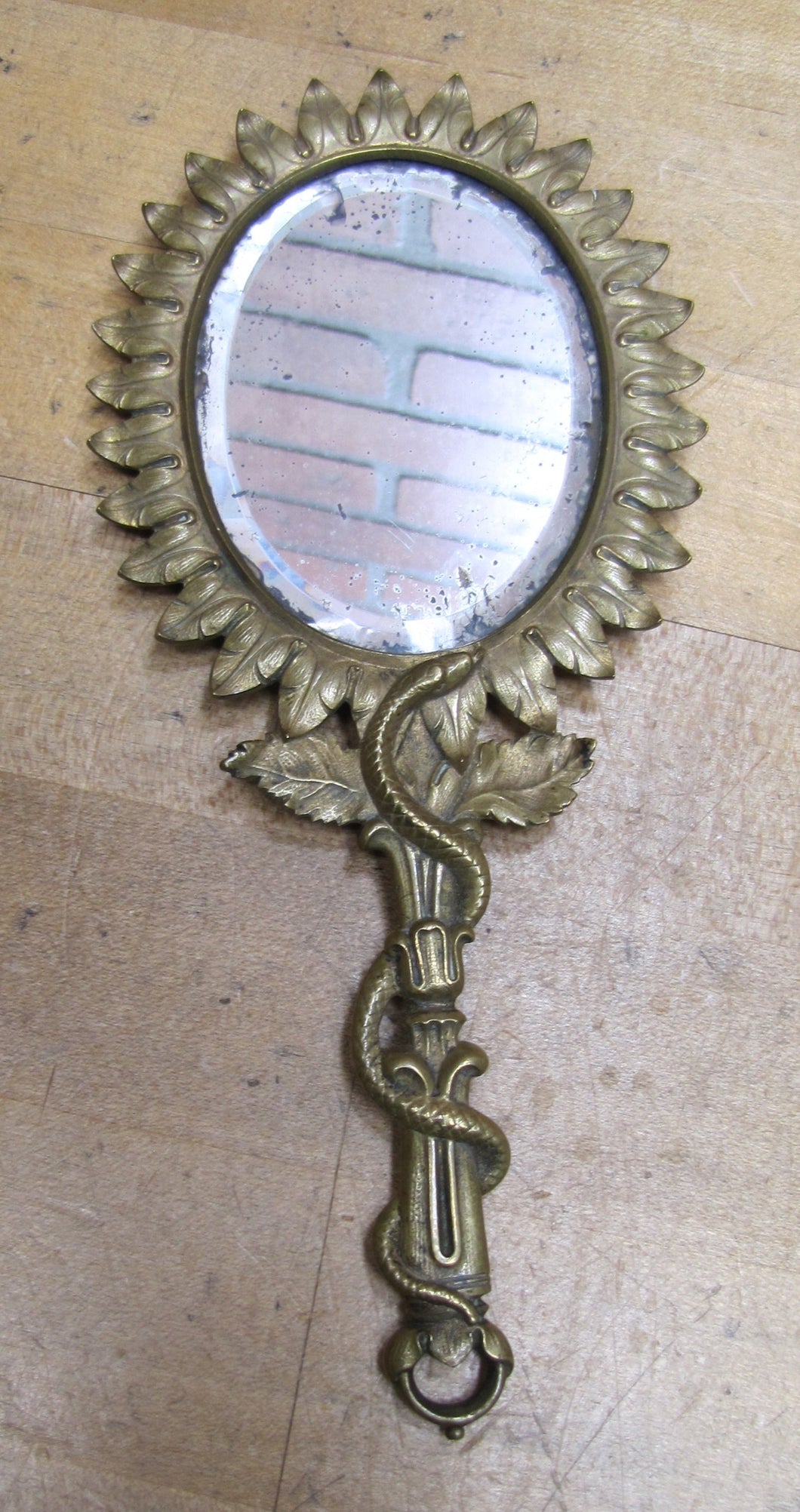 Serpent Snake Leaves Antique Decorative Arts Hand Mirror Ornate Bevel Edge Glass