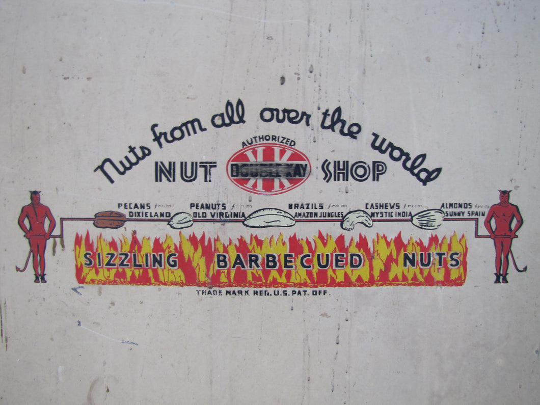 DOUBLE KAY KK NUT SHOP DEVILS TURNING SIZZLING BARBECUED NUTS Old WF Expo Sign