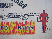 Load image into Gallery viewer, DOUBLE KAY KK NUT SHOP DEVILS TURNING SIZZLING BARBECUED NUTS Old WF Expo Sign
