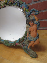 Load image into Gallery viewer, Antique Cherubs Putto Evil Face Bevel Edge Mirror Easel Back Ornate Paint Detail
