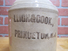 Load image into Gallery viewer, LEIGH &amp; COOK PRINCETON NJ Old Stoneware Advertising Jug Grocery Store Sign Ad
