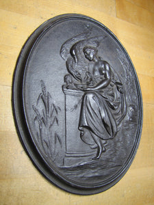 Antique Cast Iron Plaque Partially Nude Maiden Water Dish Eagle High Relief Art
