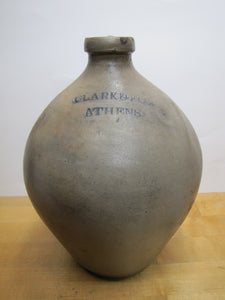 CLARK & FOX ATHENS Antique Stoneware Ovoid Jug w Handle Grocery Distillery 19c