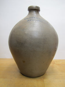 CLARK & FOX ATHENS Antique Stoneware Ovoid Jug w Handle Grocery Distillery 19c