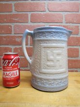 Load image into Gallery viewer, Good Luck Swirling Logs Antique Stoneware Pottery Pitcher Blue White Embossed
