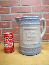 Load image into Gallery viewer, Good Luck Swirling Logs Antique Stoneware Pottery Pitcher Blue White Embossed
