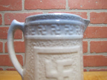 Load image into Gallery viewer, Good Luck Swirling Logs Antique Stoneware Pottery Pitcher Blue White Embossed
