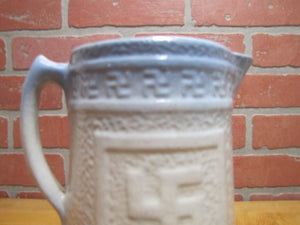 Good Luck Swirling Logs Antique Stoneware Pottery Pitcher Blue White Embossed