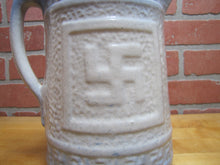 Load image into Gallery viewer, Good Luck Swirling Logs Antique Stoneware Pottery Pitcher Blue White Embossed
