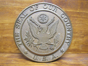 THE SEAL OF OUR COUNTRY USA Brass Plaque Medallion Ad Sign Spread Winged Eagle