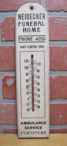 NEIDECKER FUNERAL HOME PORT CLINTON OHIO Old Ad Thermometer AMBULANCE FURNITURE
