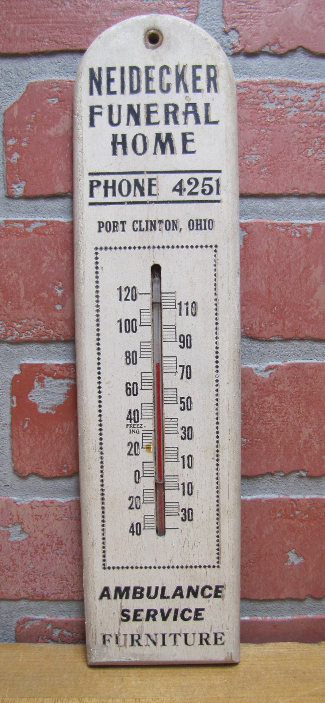 NEIDECKER FUNERAL HOME PORT CLINTON OHIO Old Ad Thermometer AMBULANCE FURNITURE