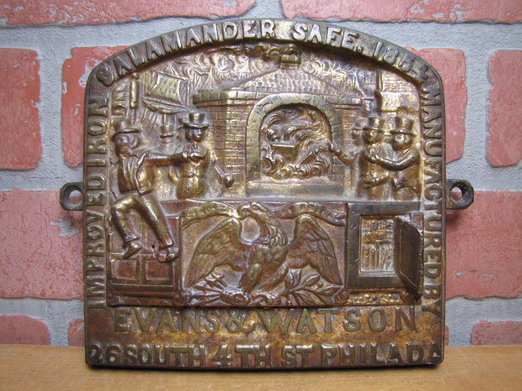 SALAMANDER SAFE EVANS & WATSON PHILADELPHIA Ornate Antique Bronze Sign Plaque
