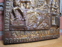 Load image into Gallery viewer, SALAMANDER SAFE EVANS &amp; WATSON PHILADELPHIA Ornate Antique Bronze Sign Plaque
