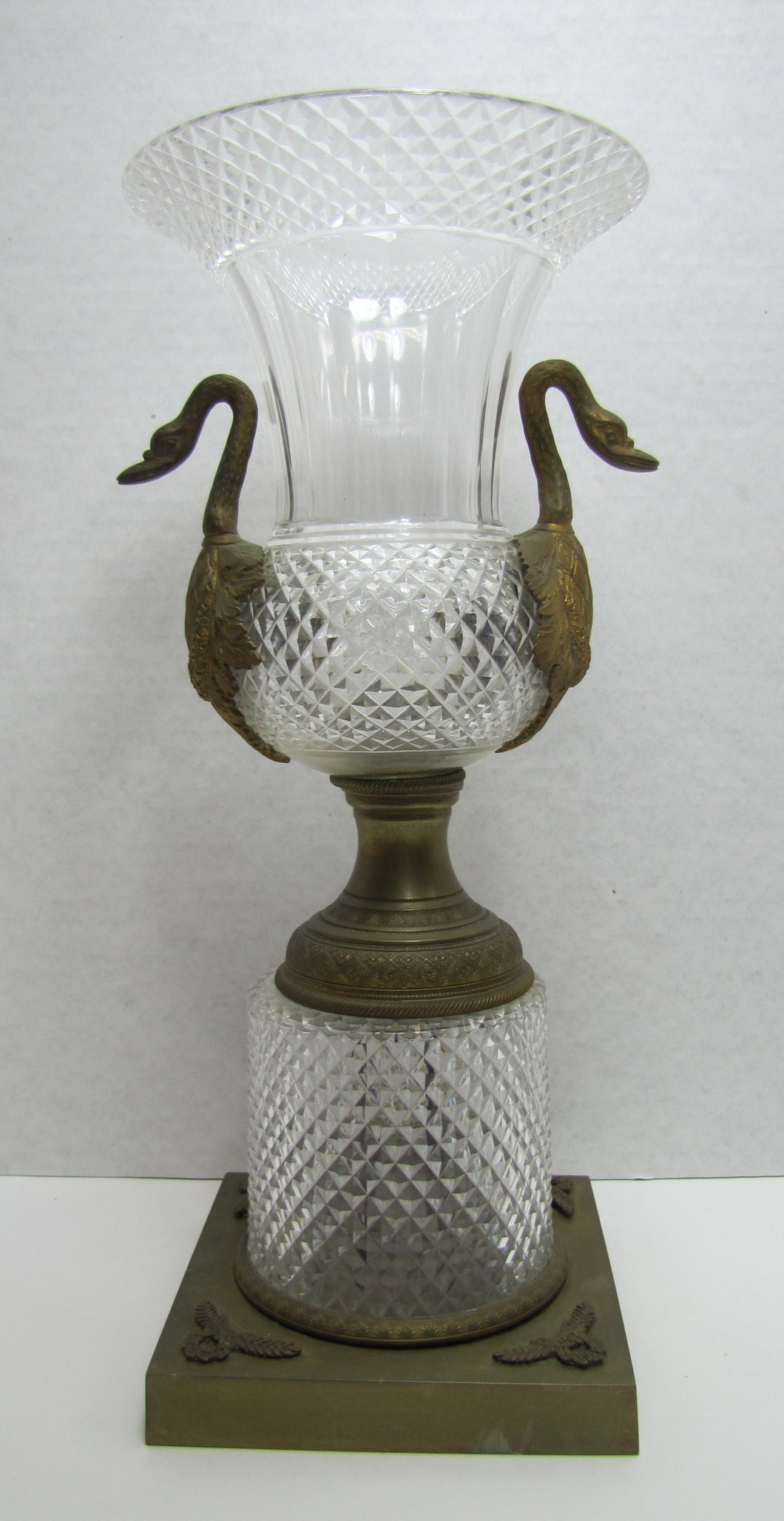Antique Decorative Arts Vase Swan Handles Bronze Brass Crystal Glass Ornate