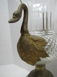 Antique Decorative Arts Vase Swan Handles Bronze Brass Crystal Glass Ornate
