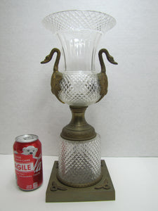 Antique Decorative Arts Vase Swan Handles Bronze Brass Crystal Glass Ornate
