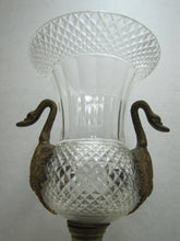 Load image into Gallery viewer, Antique Decorative Arts Vase Swan Handles Bronze Brass Crystal Glass Ornate
