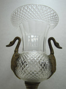 Antique Decorative Arts Vase Swan Handles Bronze Brass Crystal Glass Ornate