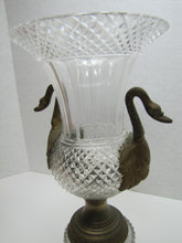 Load image into Gallery viewer, Antique Decorative Arts Vase Swan Handles Bronze Brass Crystal Glass Ornate
